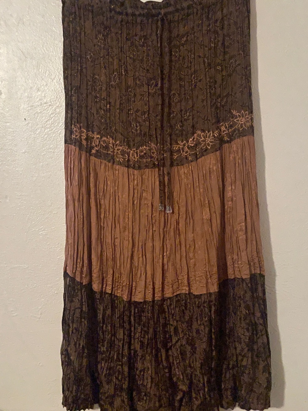 RAAGA Boho Embroidered Tiered Crinkle Rayon Maxi Skirt Brown Bronze M